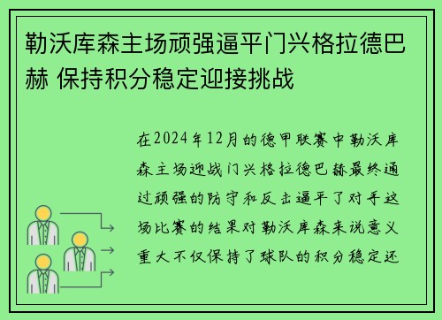 勒沃库森主场顽强逼平门兴格拉德巴赫 保持积分稳定迎接挑战